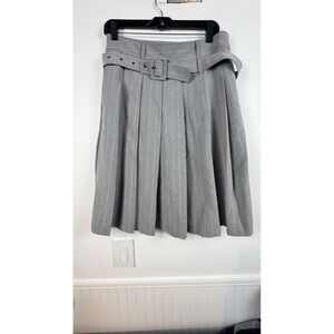 Grey Pinstripe Pleated Belted Knee Length Skirt Office Career Professional
